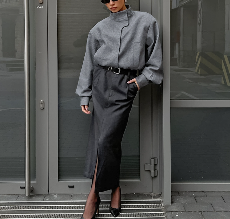 high-neck sculpted top with tailored slit skirt – MARISE