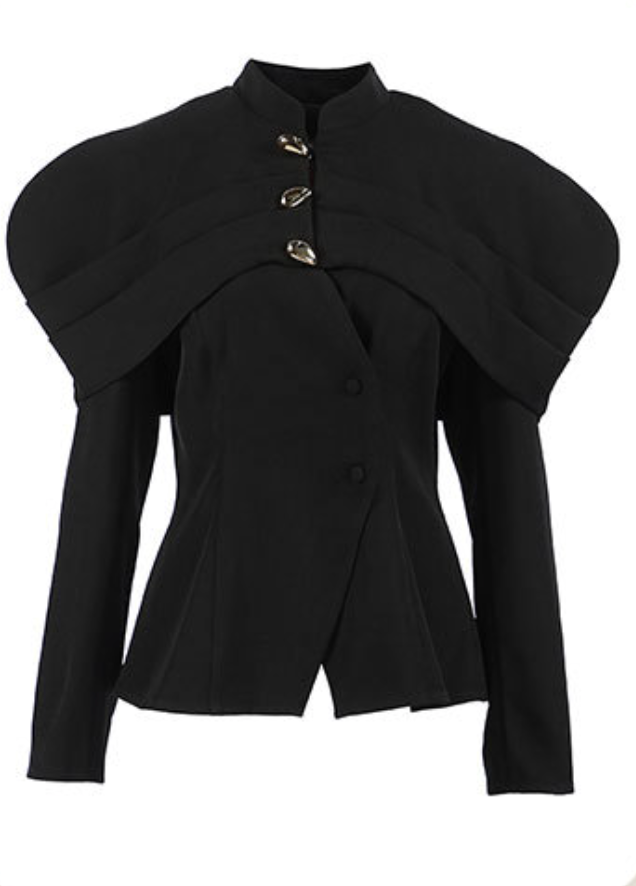 structured cape-shoulder blazer with sculpted waist – NOIR