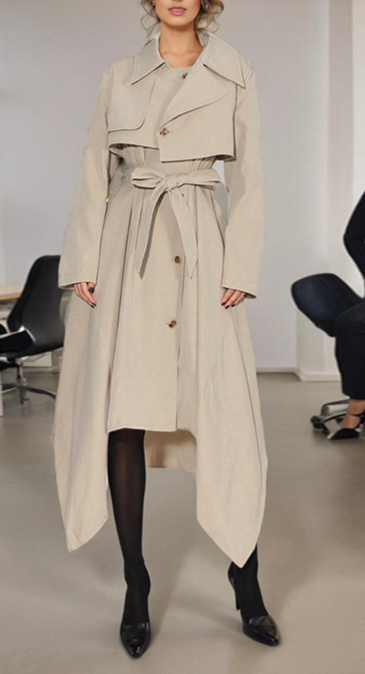 asymmetric belted trench coat with draped hem – AVERY