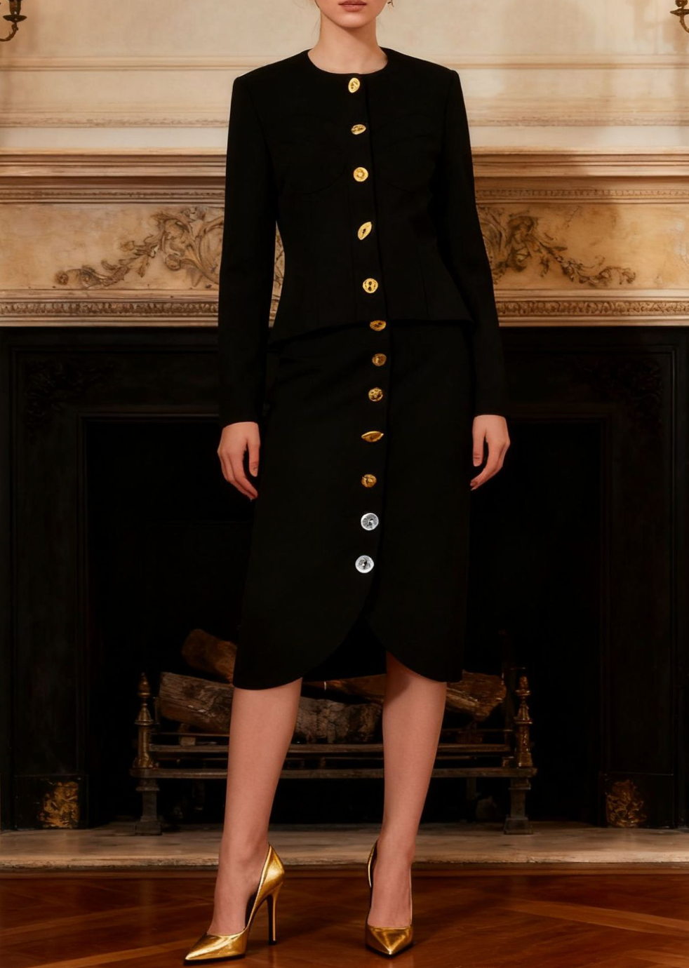 طقم مكون من جاكيت مصمم خصيصًا وتنورة متوسطة الطول بأزرار مع لمسات ذهبية - إيلودي