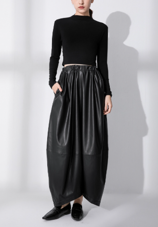 faux leather balloon midi skirt with elastic waist – AMR