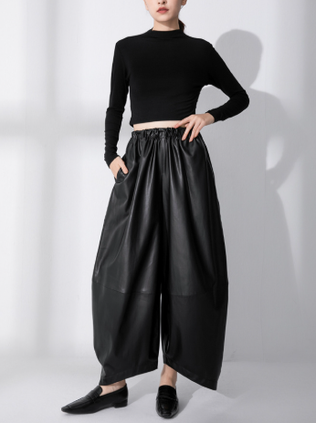 faux leather balloon midi skirt with elastic waist – AMR
