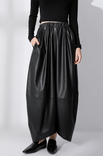 faux leather balloon midi skirt with elastic waist – AMR
