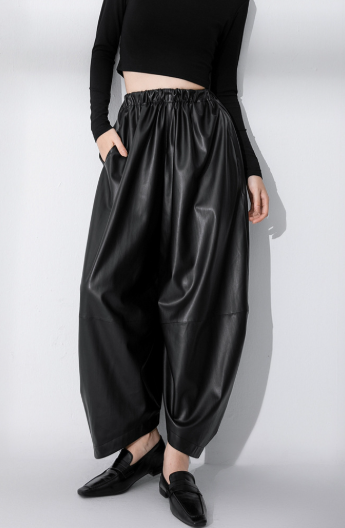 faux leather balloon midi skirt with elastic waist – AMR