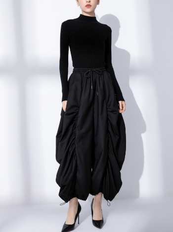 ruched balloon midi skirt with adjustable drawstrings – NOIRIA