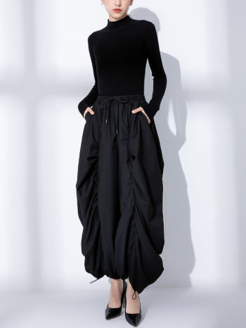 ruched balloon midi skirt with adjustable drawstrings – NOIRIA