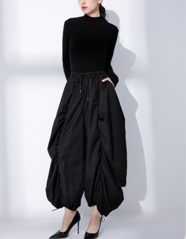 ruched balloon midi skirt with adjustable drawstrings – NOIRIA