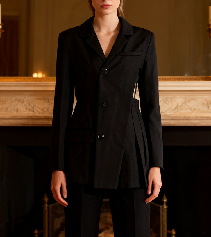 فستان قصير بتصميم بليزر أنيق مع ثنيات جانبية مقصوصة – نوار