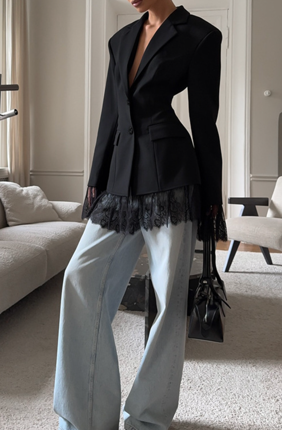 tailored blazer with lace hem – IVORY