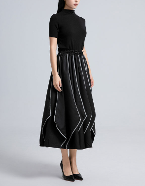 high-neck knit top with contrast-stitched midi skirt – LINE