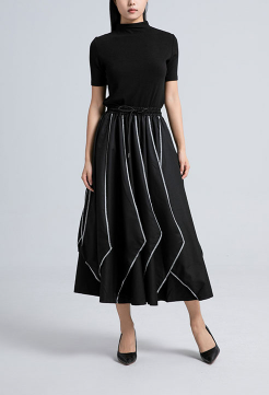 high-neck knit top with contrast-stitched midi skirt – LINE