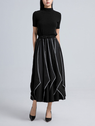 high-neck knit top with contrast-stitched midi skirt – LINE