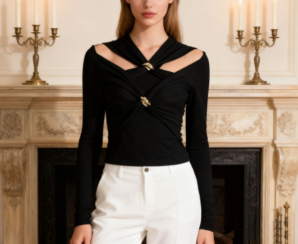 cutout wrap top with gold clasp detail – EMBRACE