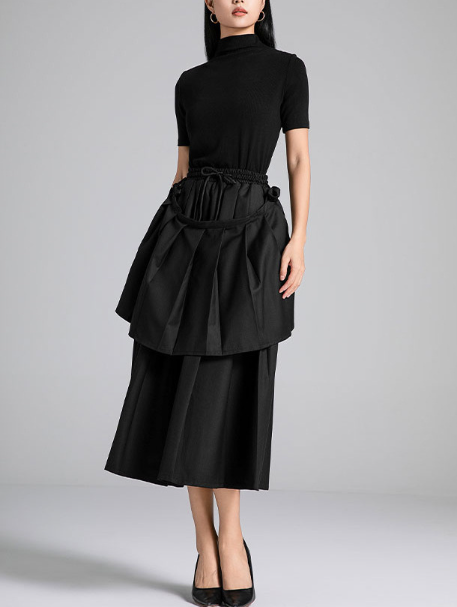 high-neck layered midi dress with sculpted overskirt – BELLA