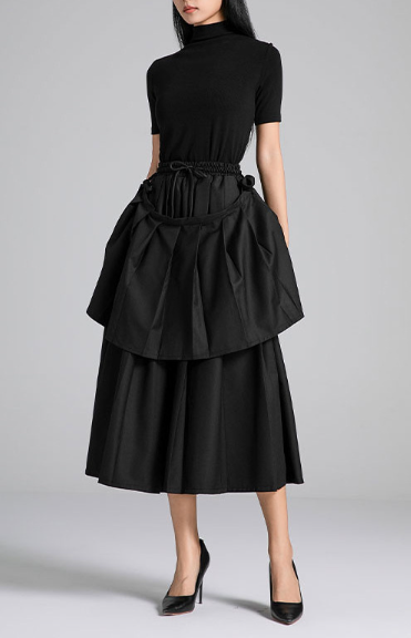high-neck layered midi dress with sculpted overskirt – BELLA