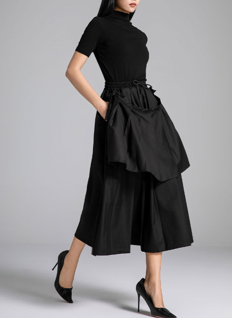 high-neck layered midi dress with sculpted overskirt – BELLA