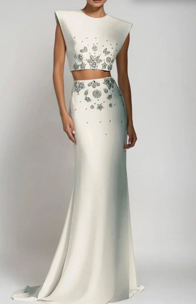 embellished sleeveless crop top & maxi skirt set – IVORY