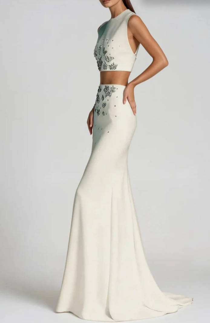 embellished sleeveless crop top & maxi skirt set – IVORY