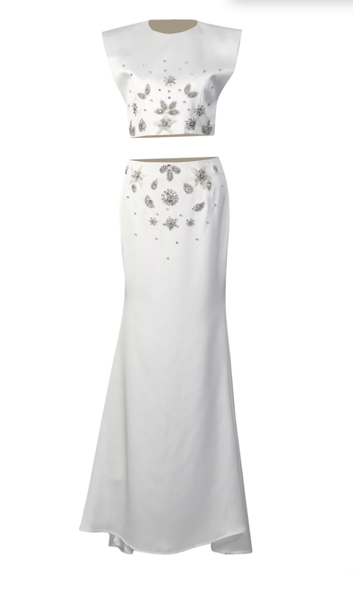 embellished sleeveless crop top & maxi skirt set – IVORY