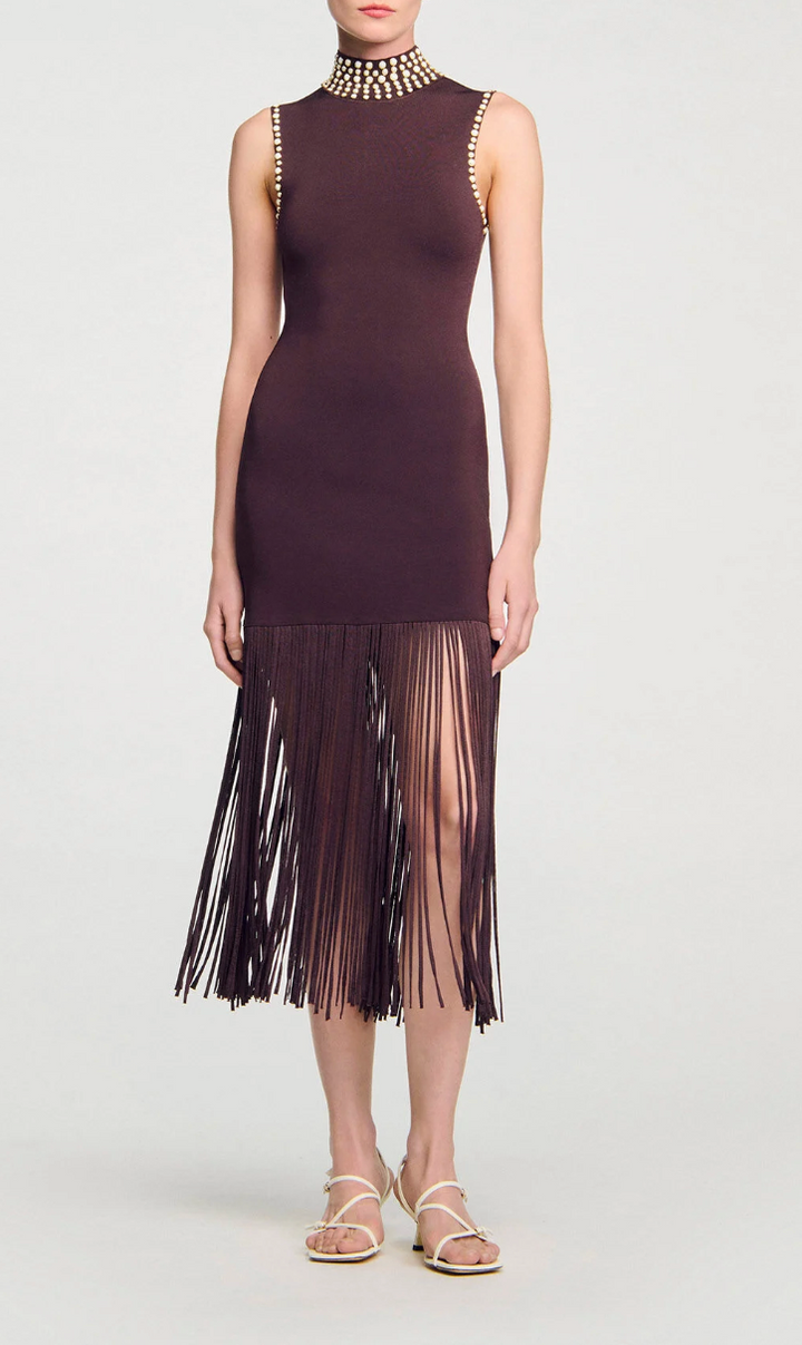 Sleeveless Midi Dress with Embellished High Neck & Fringe Hem – SERENA
