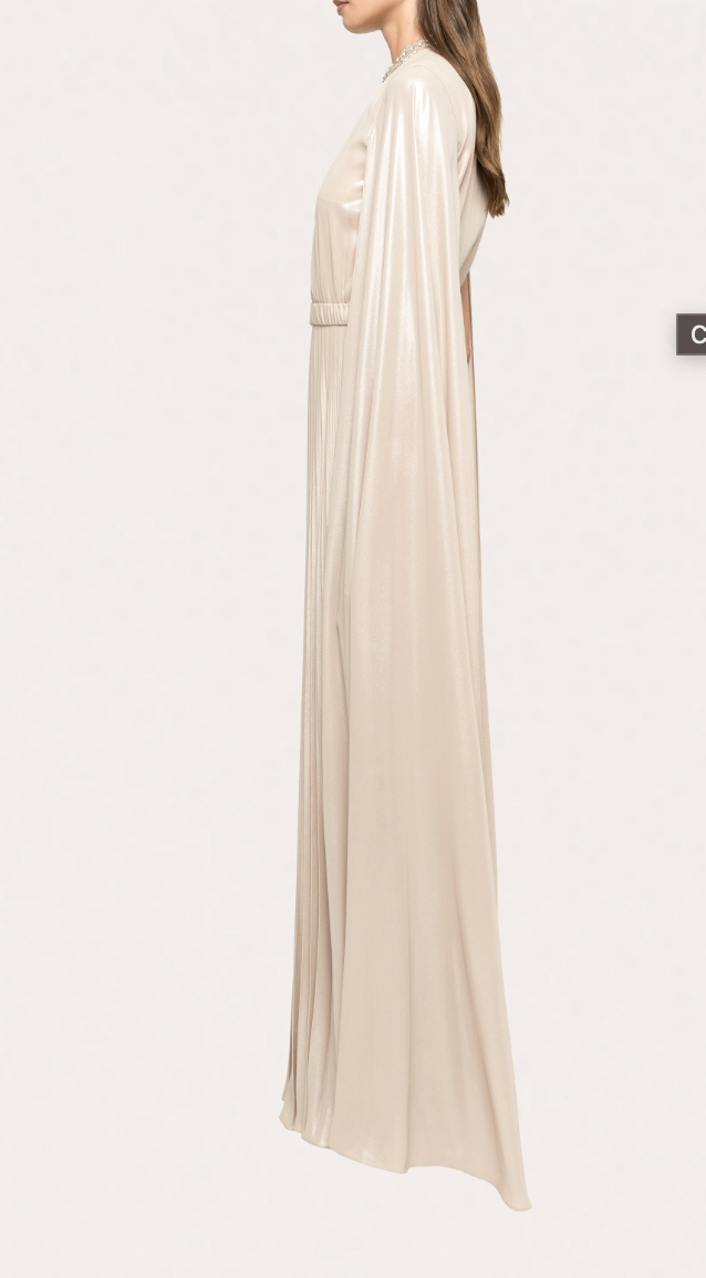 Pleated Cape Maxi Dress with Embellished Neckline – HAGRAS