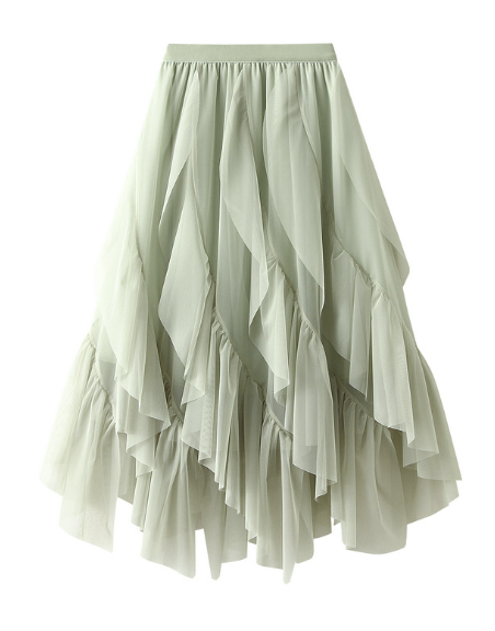 asymmetric ruffled tulle midi skirt with elastic waist – TAUPE