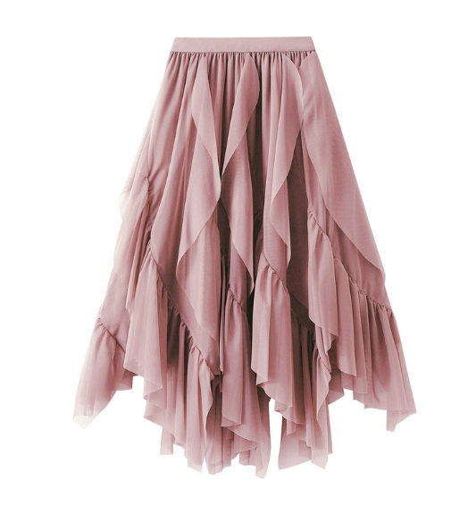 asymmetric ruffled tulle midi skirt with elastic waist – TAUPE
