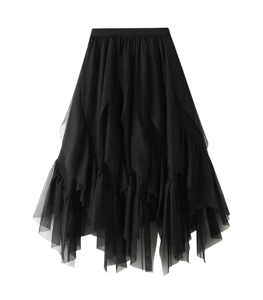 asymmetric ruffled tulle midi skirt with elastic waist – TAUPE