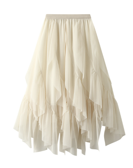 asymmetric ruffled tulle midi skirt with elastic waist – TAUPE