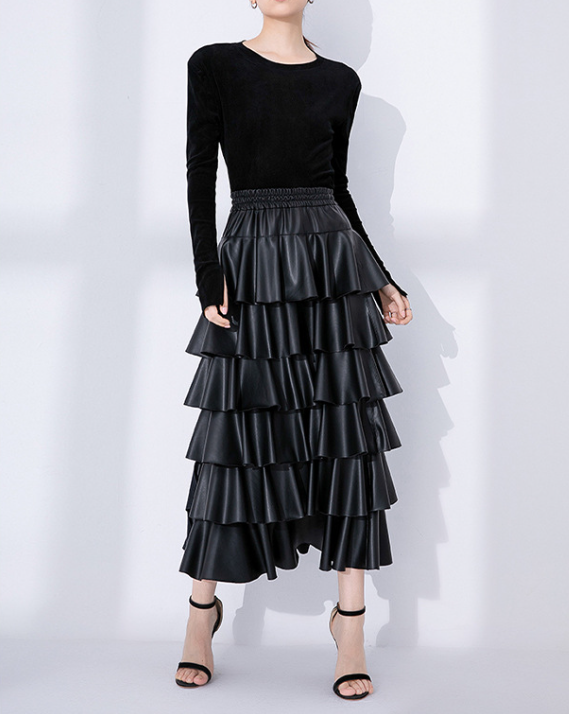 tiered faux-leather midi skirt with elastic waist – RUFFLE