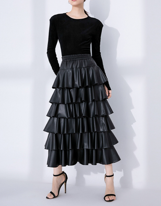 tiered faux-leather midi skirt with elastic waist – RUFFLE