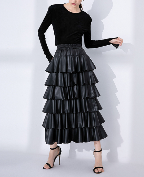 tiered faux-leather midi skirt with elastic waist – RUFFLE