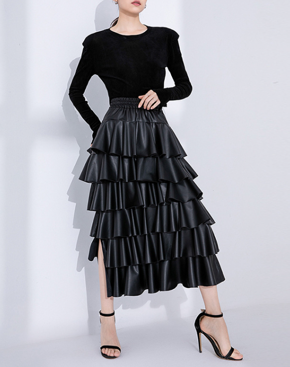 tiered faux-leather midi skirt with elastic waist – RUFFLE