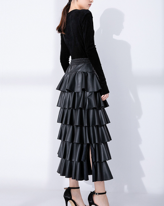 tiered faux-leather midi skirt with elastic waist – RUFFLE