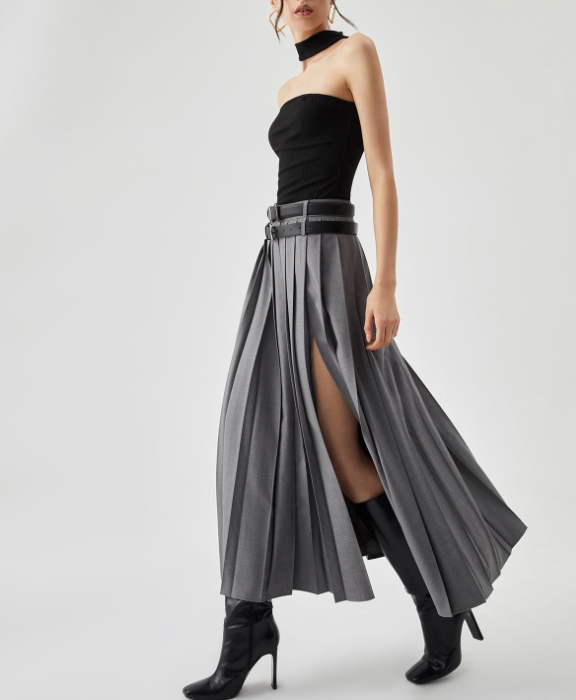 pleated high-slit midi skirt with belt detail – URBAN