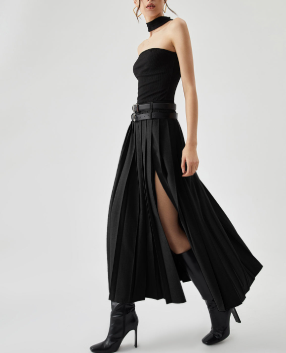pleated high-slit midi skirt with belt detail – URBAN