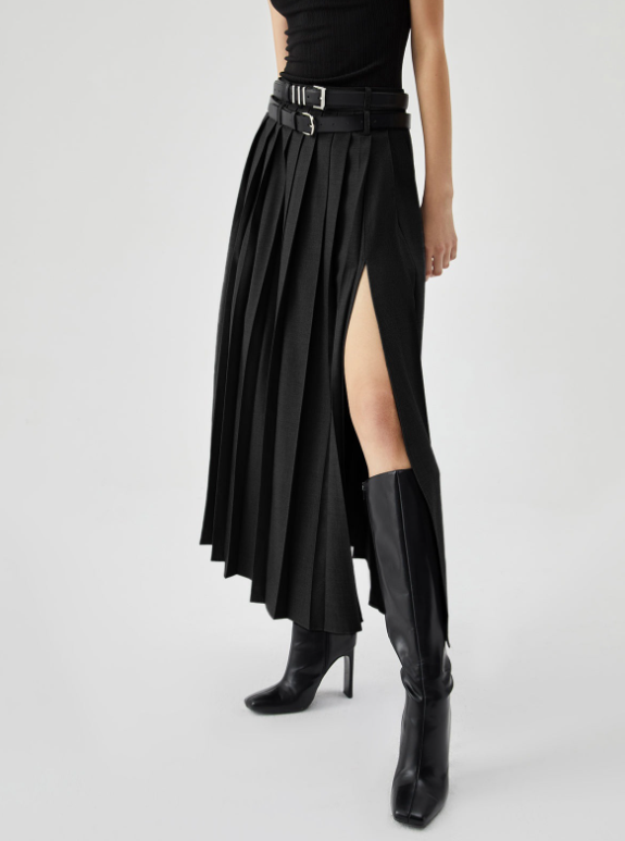 pleated high-slit midi skirt with belt detail – URBAN