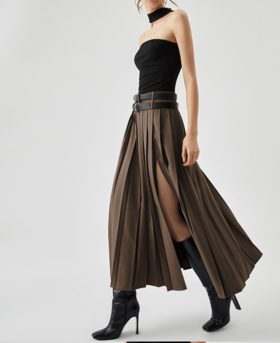 pleated high-slit midi skirt with belt detail – URBAN