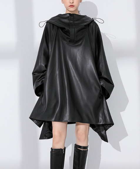 oversized faux-leather mini dress with drawstring collar – DRIFT