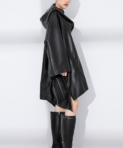 oversized faux-leather mini dress with drawstring collar – DRIFT