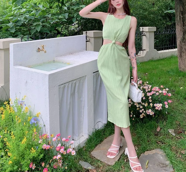 Sleeveless ribbed midi dress with twisted waist cut-outs – SAGEA