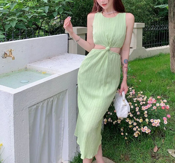 Sleeveless ribbed midi dress with twisted waist cut-outs – SAGEA