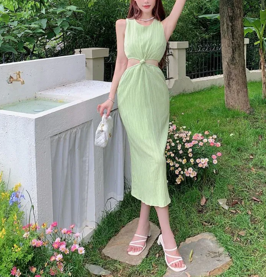 Sleeveless ribbed midi dress with twisted waist cut-outs – SAGEA