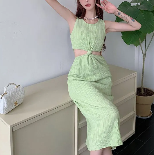 Sleeveless ribbed midi dress with twisted waist cut-outs – SAGEA