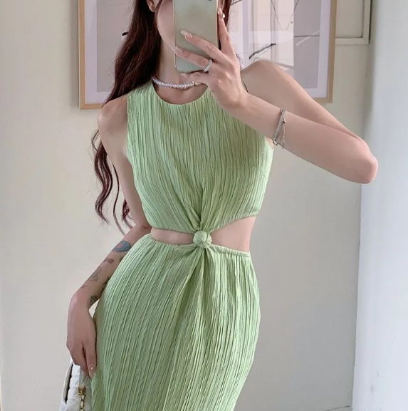 Sleeveless ribbed midi dress with twisted waist cut-outs – SAGEA