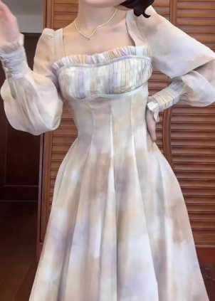 Corset-style midi dress with ruffled neckline and puff sleeves – LUMERA