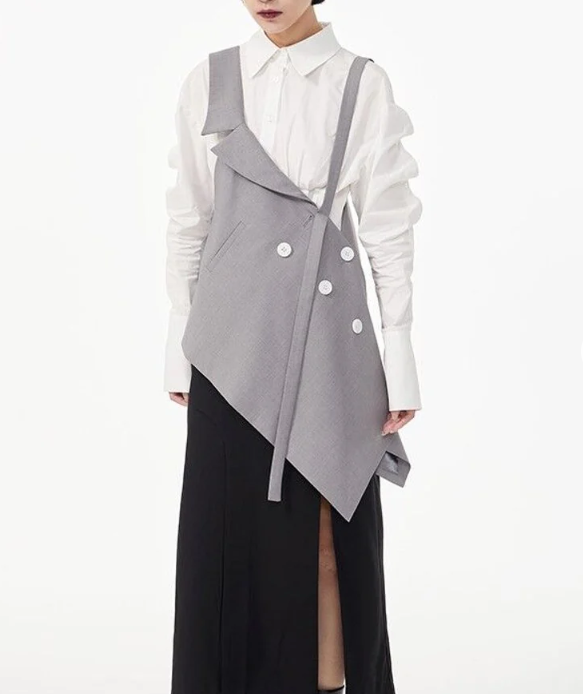 Asymmetric buttoned vest top with layered shirt detail – GREYA