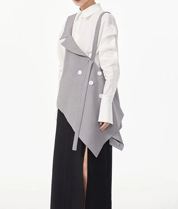 Asymmetric buttoned vest top with layered shirt detail – GREYA