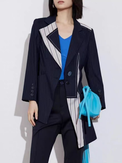 Asymmetric pinstripe blazer with contrast panel – MILLLA