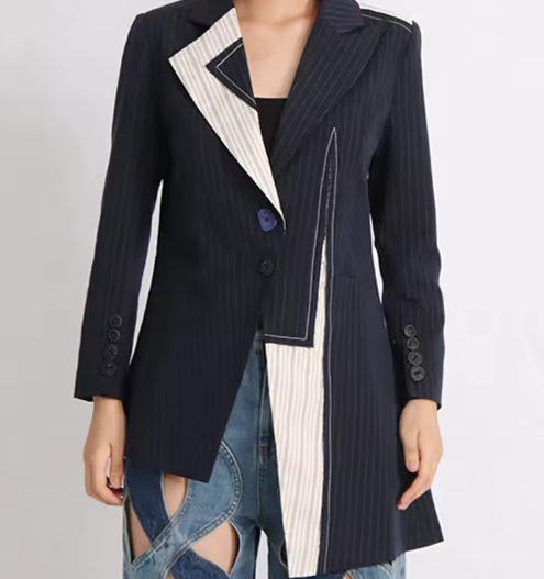 Asymmetric pinstripe blazer with contrast panel – MILLLA
